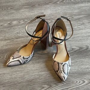 Antonio Melani Snake-Print Pointed Toe Ankle Strap Heels - Brown/Black/White